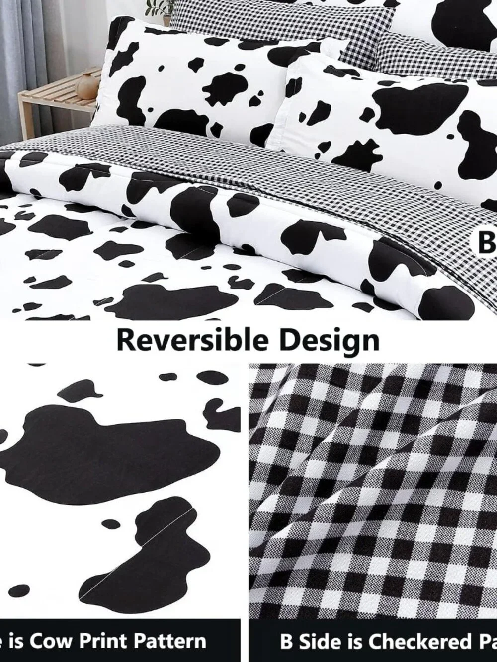 3Pcs Cow Print Comforter Set King Size Black and White Cute Geometric Cow Beddin